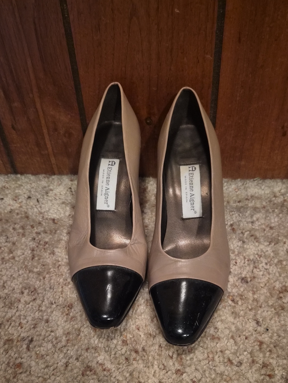 Etienne Aigner Taupe Leather Pumps with Black Patent Cap Toe